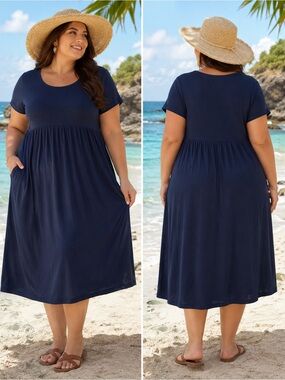 Terra & Sky Navy Short Sleeve Plus Sundress or Swim Coverup Dress 1X